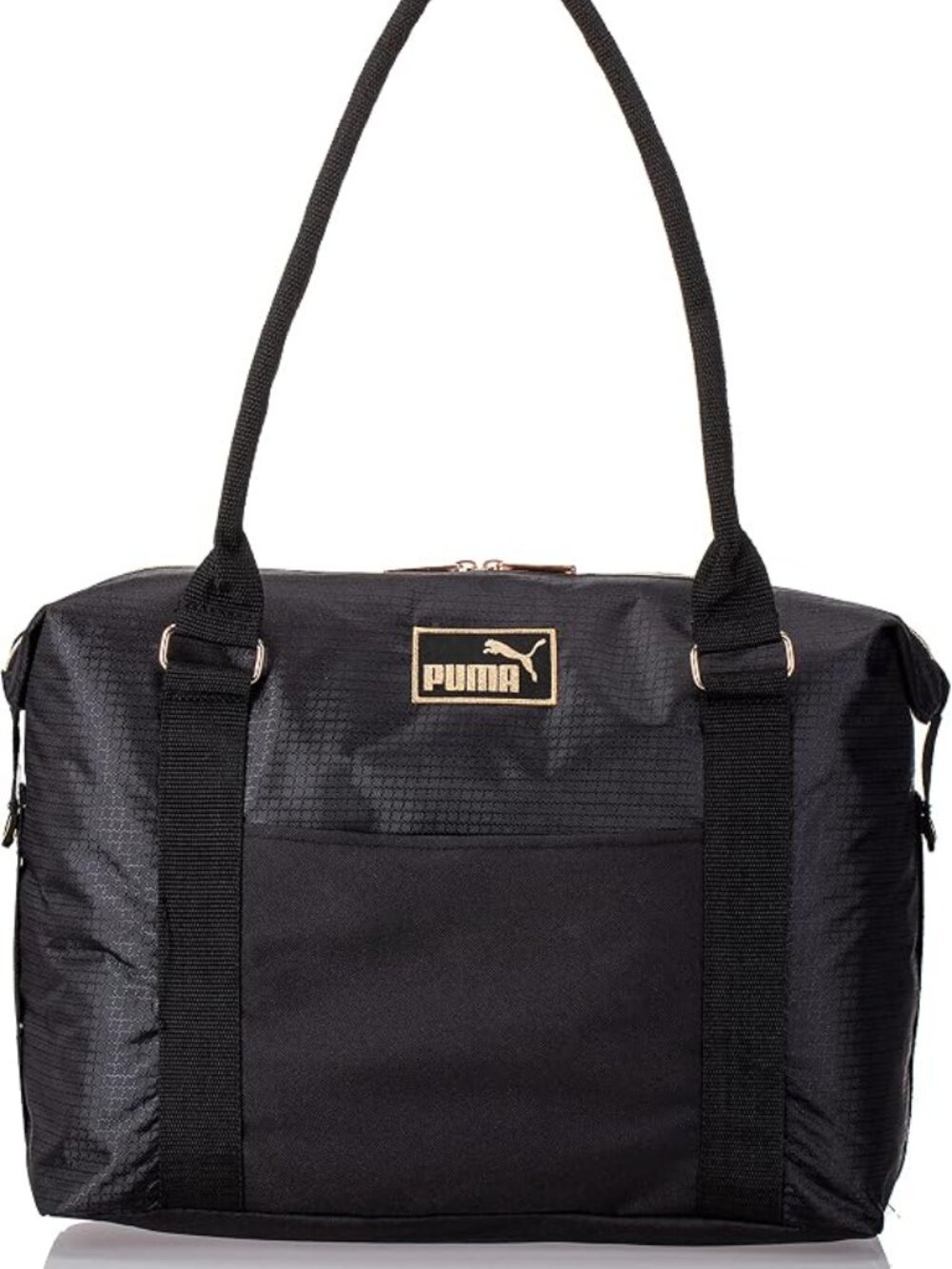 PUMA Tote Bag Core Base Large Gym Travel Carryall Black Gold Logo Lightweight